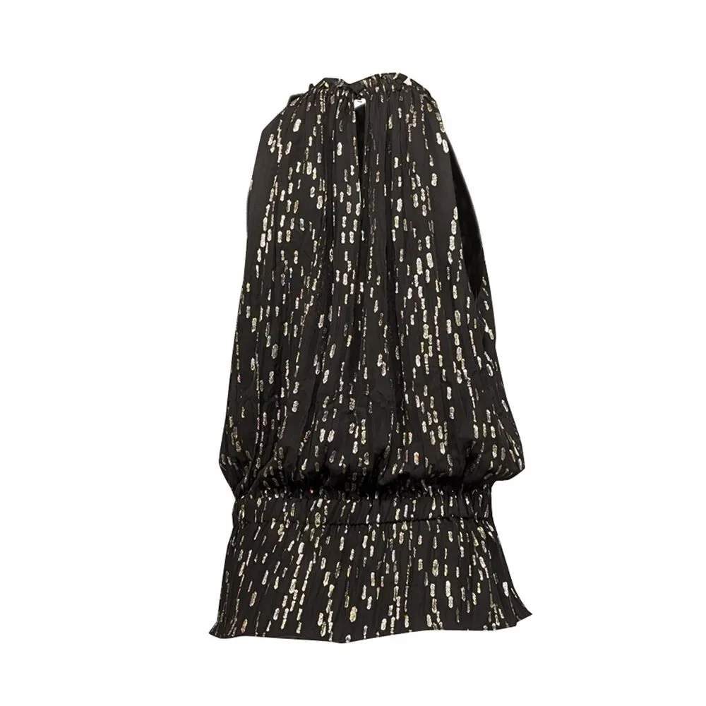 Ramy Brook - Black & Gold Metallic Print Sleeveless Smocked Waist Top Sz L